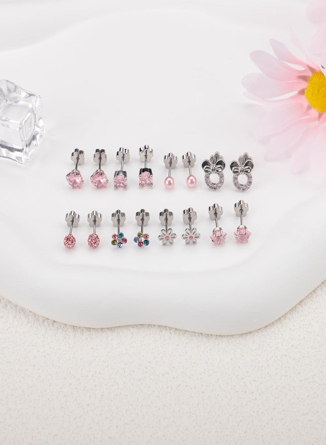 Staligue 8 Pairs Flower Back Earrings for Women Men Hypoallergenic Surgical Steel Earrings Pearl Flower Star Heart 20G Flat Back Cartilage Earrings Set (Pinky) - Image 3